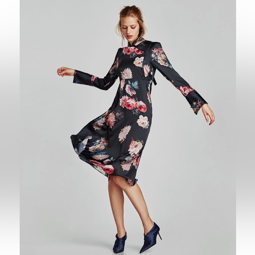 Zara Women AW17 Printed Midi Dress With Mandarin Collar Size S